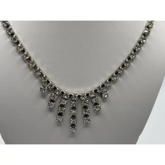 VTG Rhinestone Necklace Clear Dangle Silver Tone J1-3026 - Picture 6 of 9